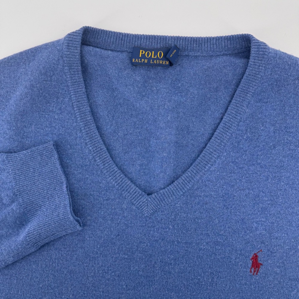 Polo Ralph Lauren Sweater Mens 2XLT Blue Merino Wool V-Neck Italian Yarn‎ Preppy